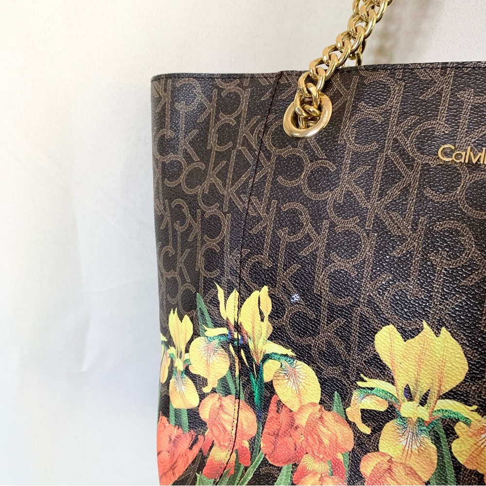 Calvin Klein Monogram Brown Floral Leather Chain Tote Bag - Picture 2 of 12
